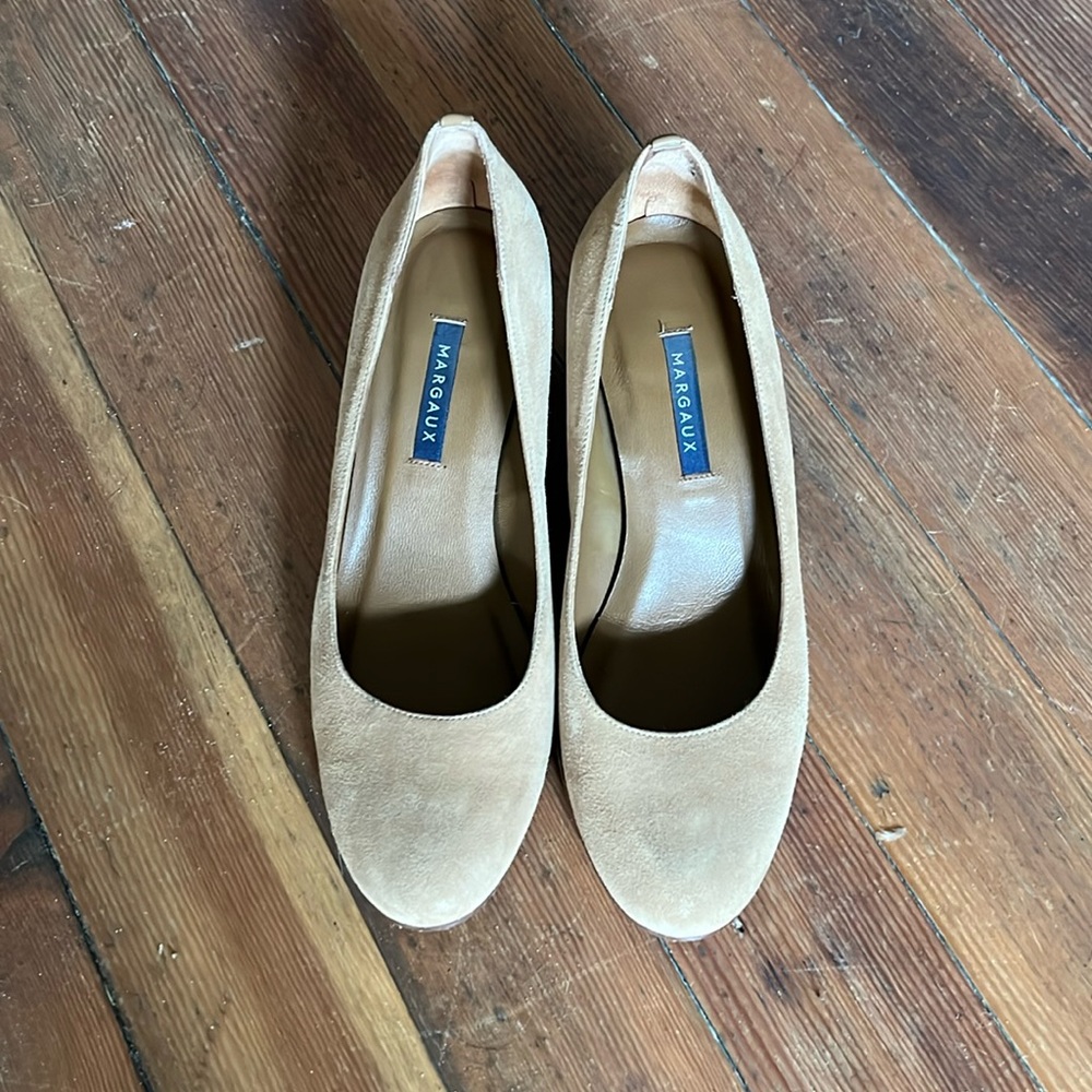 Margaux NYC The Heel - Handmade Suede Almond Toe Pump in Camel 8.5